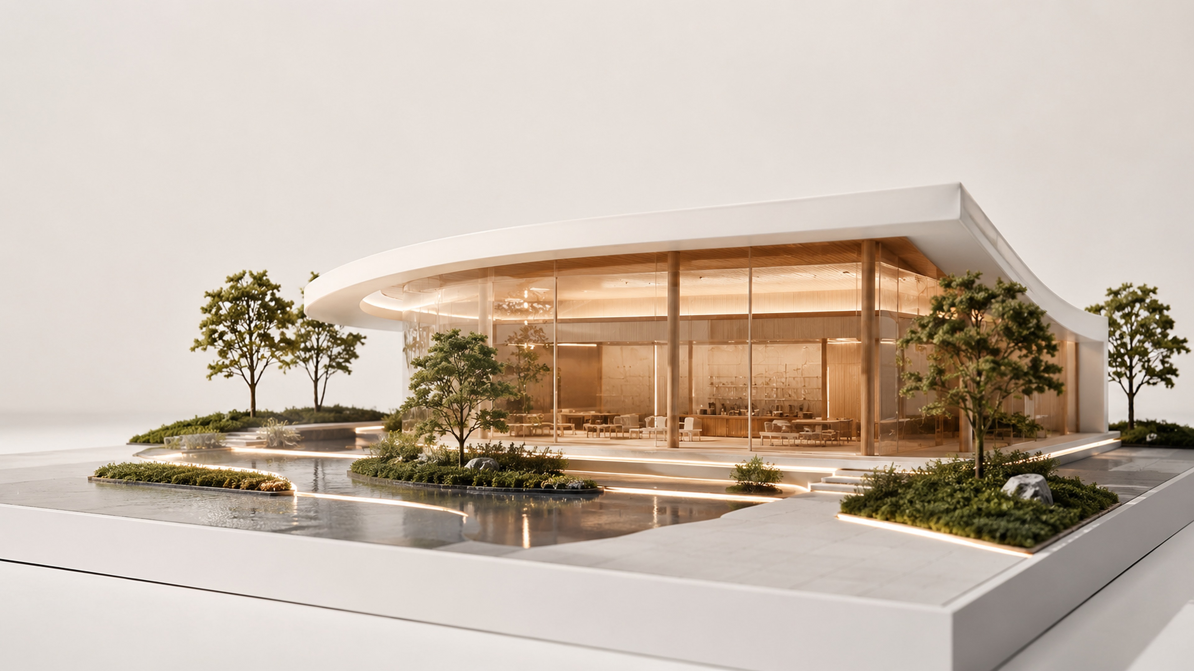 Modern pavilion architectural scale model craftsmanship in 4K